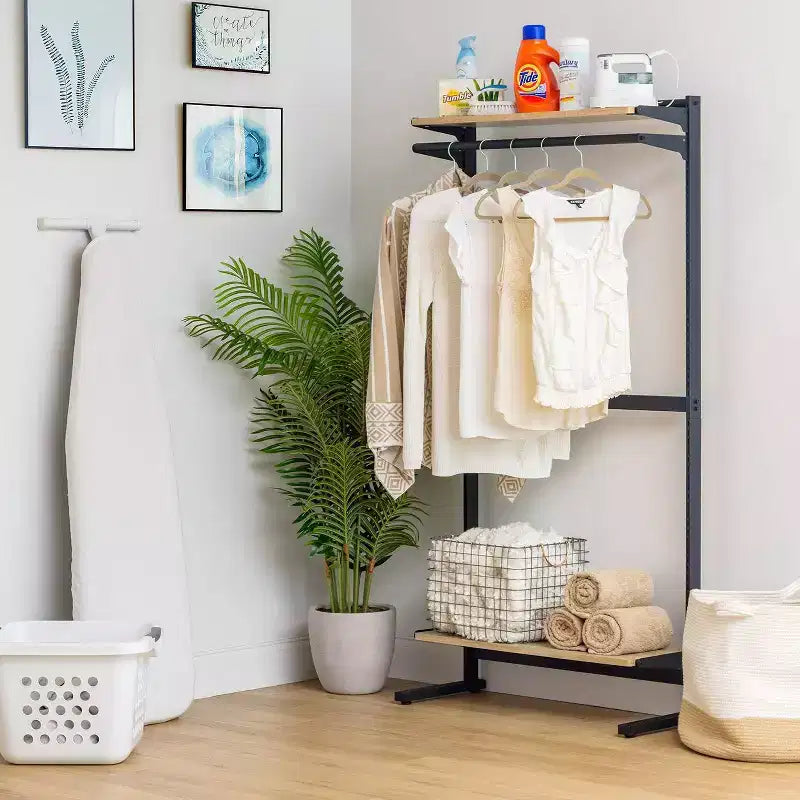 IRIS Portant à vêtements avec rangement et étagères réglables : Portant portable, cadre en métal, noir, 172 cm de hauteur