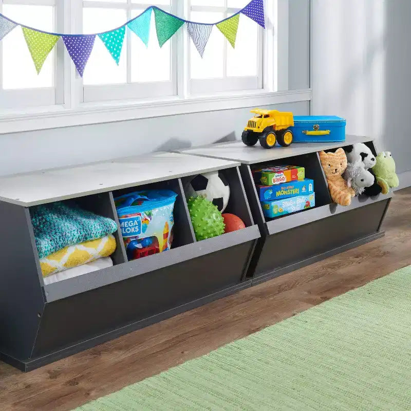 Badger Basket Rangement superposable 2 bacs anthracite/grain de bois gris : rangement de jouets, stratifié MDF, dos fermé, 3 ans et plus