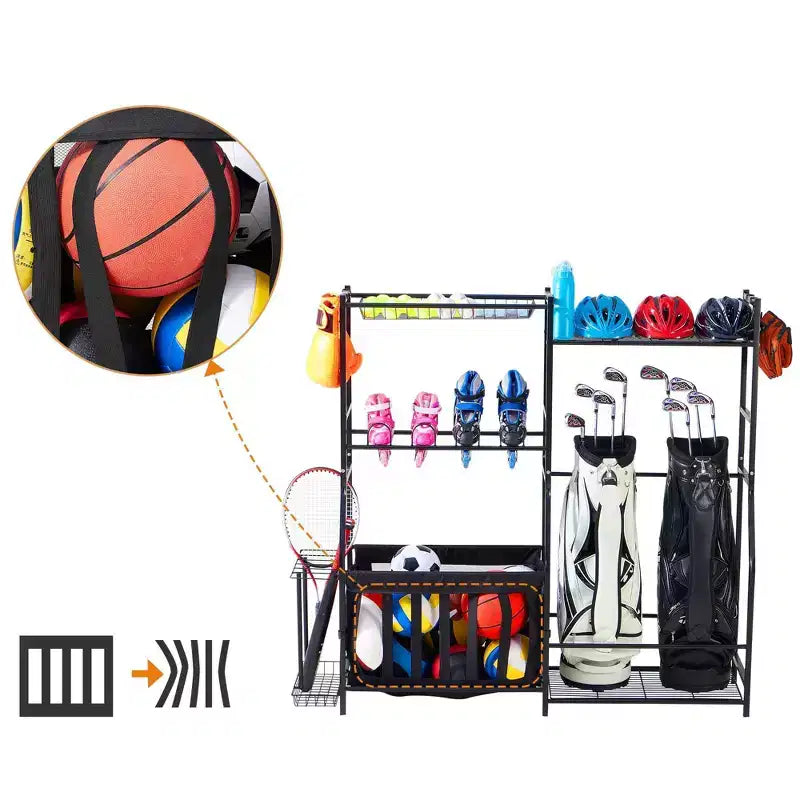 Organisateur d'équipement de sport pour garage LUGO avec paniers et crochets : étagères de rangement en acier, étagères ouvertes, noir, 5 étagères