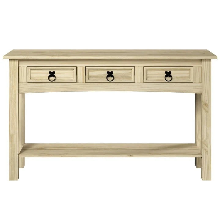 Console de couloir rustique en pin massif, blanc cérusé / marron antique / gris cérusé / non peinte, 3 tiroirs