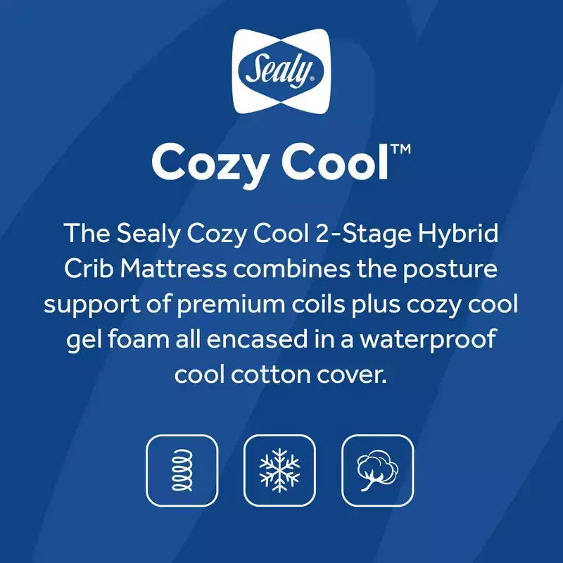 Matelas hybride 2 étapes pour lit de bébé et tout-petit Sealy Cozy Cool : Ferme, mousse de gel, hypoallergénique, épaisseur de 14,6 cm