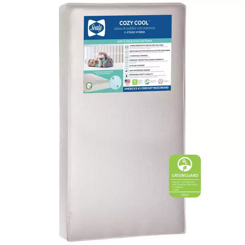 Matelas hybride 2 étapes pour lit de bébé et tout-petit Sealy Cozy Cool : Ferme, mousse de gel, hypoallergénique, épaisseur de 14,6 cm