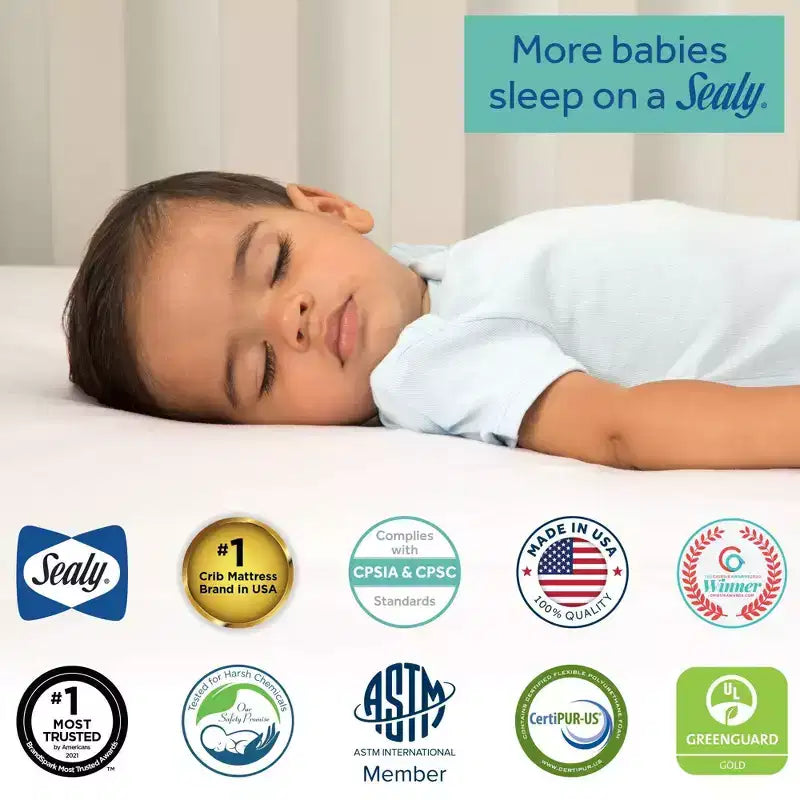Matelas hybride 2 étapes pour lit de bébé et tout-petit Sealy Cozy Cool : Ferme, mousse de gel, hypoallergénique, épaisseur de 14,6 cm