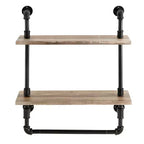 Danya B. 2-Tier Olivia Pipe Wall Shelf Unit with Hanging Rod Black/Rustic: Laminated Iron Storage, Includes Mounting Hardware