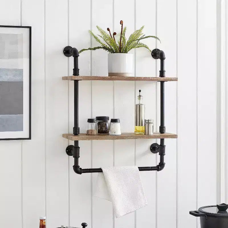 Danya B. Étagère murale à deux niveaux Olivia Pipe avec tringle de suspension Noir/Rustique : Rangement en fer laminé, Fixations incluses