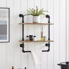 Danya B. Étagère murale à deux niveaux Olivia Pipe avec tringle de suspension Noir/Rustique : Rangement en fer laminé, Fixations incluses