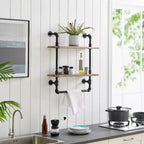 Danya B. Étagère murale à deux niveaux Olivia Pipe avec tringle de suspension Noir/Rustique : Rangement en fer laminé, Fixations incluses