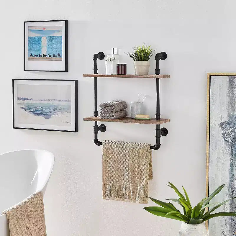 Danya B. Étagère murale à deux niveaux Olivia Pipe avec tringle de suspension Noir/Rustique : Rangement en fer laminé, Fixations incluses