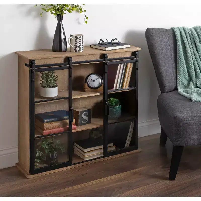Armoire murale décorative en bois Barnhardt 30 po x 28 po avec 2 portes coulissantes en verre marron rustique - Kate & Laurel All Things Decor : Cadre en métal