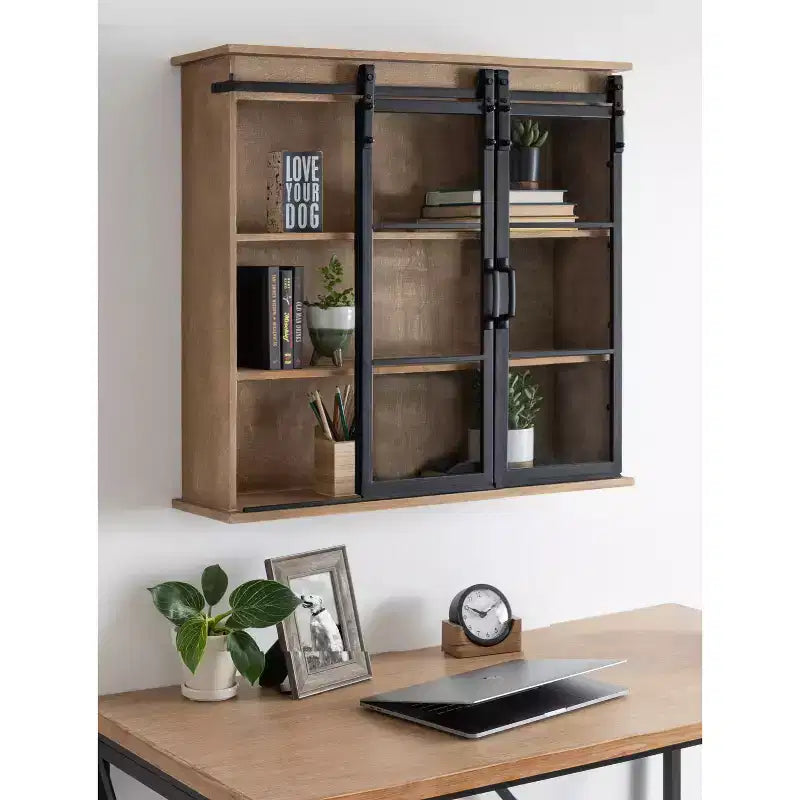 Armoire murale décorative en bois Barnhardt 30 po x 28 po avec 2 portes coulissantes en verre marron rustique - Kate & Laurel All Things Decor : Cadre en métal