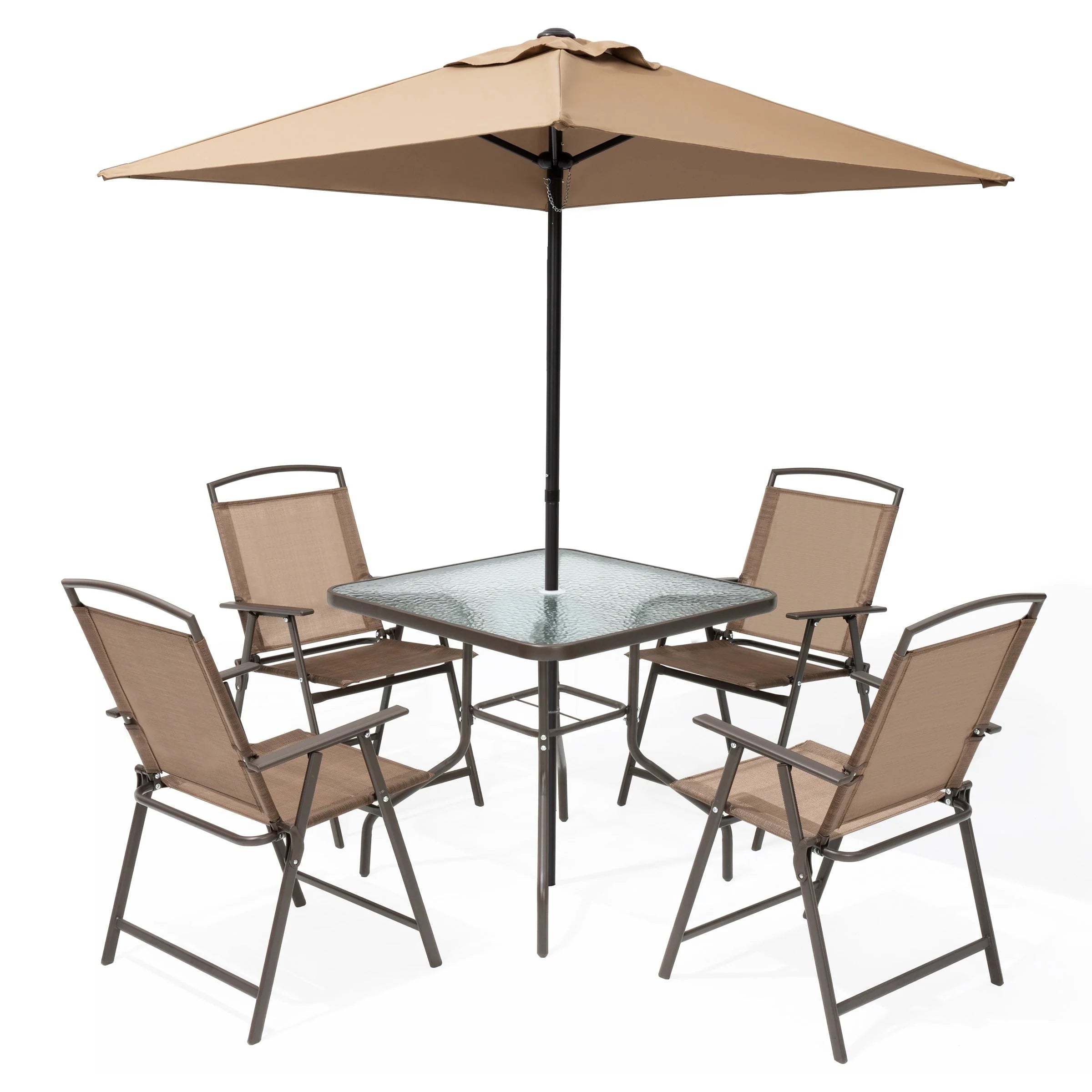 Ensemble de patio 6 pièces Pellebant avec table, parasol et 4 chaises pliantes - 22,4 L x 26,8 P x 34,4 H