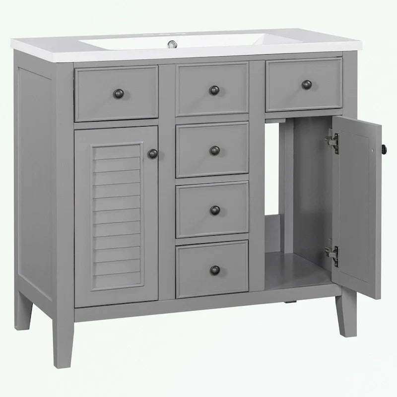 Meuble-lavabo avec vasque en céramique, deux placards et cinq tiroirs