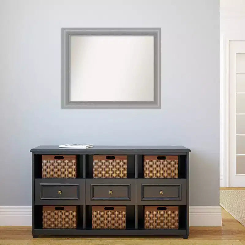 Miroir mural étroit poli nickel Amanti Art avec sommet non biseauté 33" x 27" : Rectangle moderne, Quincaillerie de montage incluse