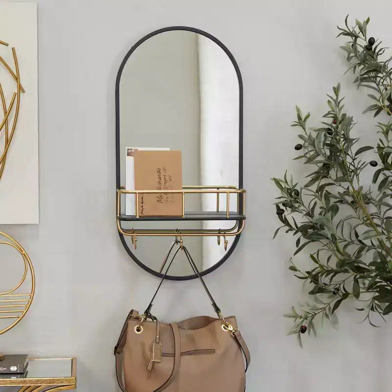 Miroir Mural Ovale en Métal 1 Étagère Noir - Olivia & May : Style Moderne, Forme Ronde, Aucun Assemblage Requis