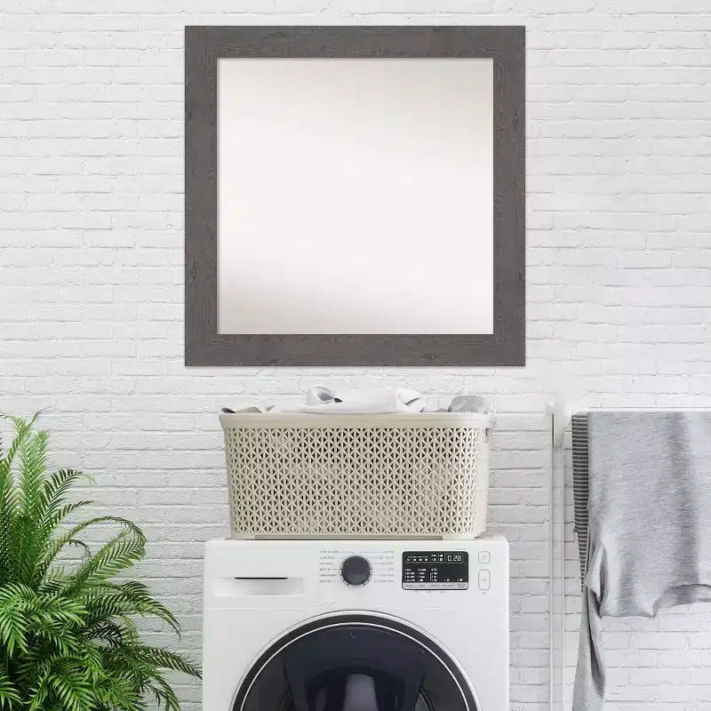 Amanti Art Miroir mural rustique gris de 32 po x 32 po sans biseau : Carré, cadre en polystyrène, fixation murale