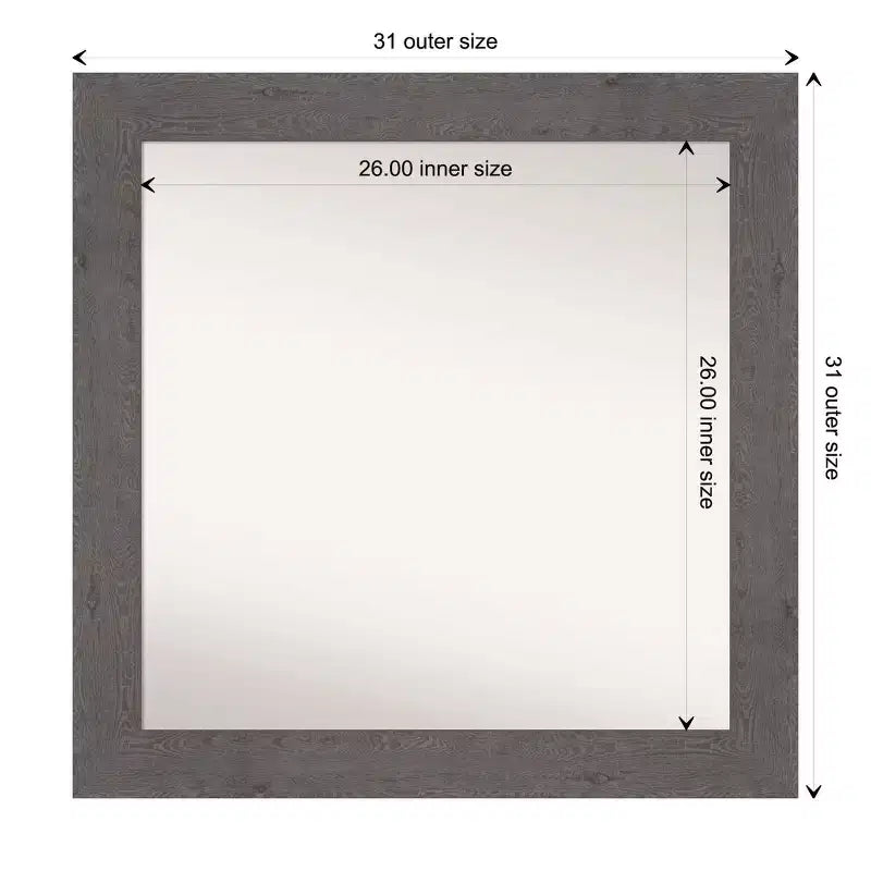 Amanti Art Miroir mural rustique gris de 32 po x 32 po sans biseau : Carré, cadre en polystyrène, fixation murale