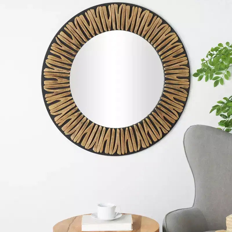 Miroir mural en bois sculpté abstrait 36"x36" - Olivia & May : Style Bohème, Cadre en pin