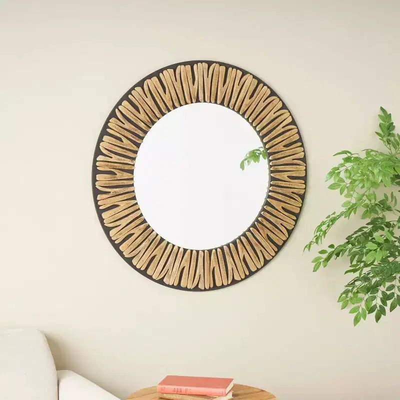 Miroir mural en bois sculpté abstrait 36"x36" - Olivia & May : Style Bohème, Cadre en pin