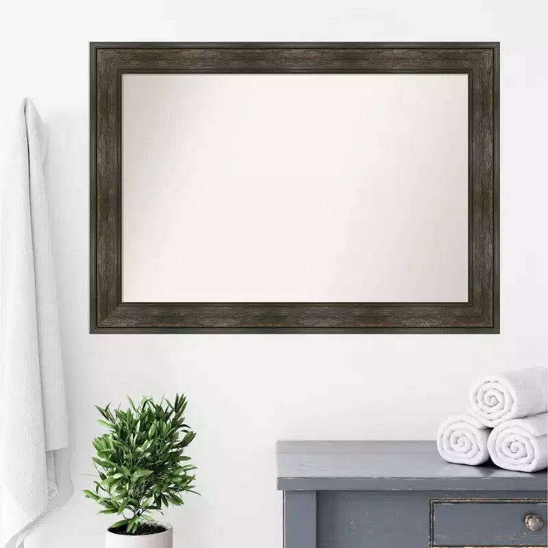 Miroir mural de salle de bain rustique à rail non biseauté 42" x 30" - Amanti Art : Cadre en polystyrène, miroir de courtoisie rectangulaire
