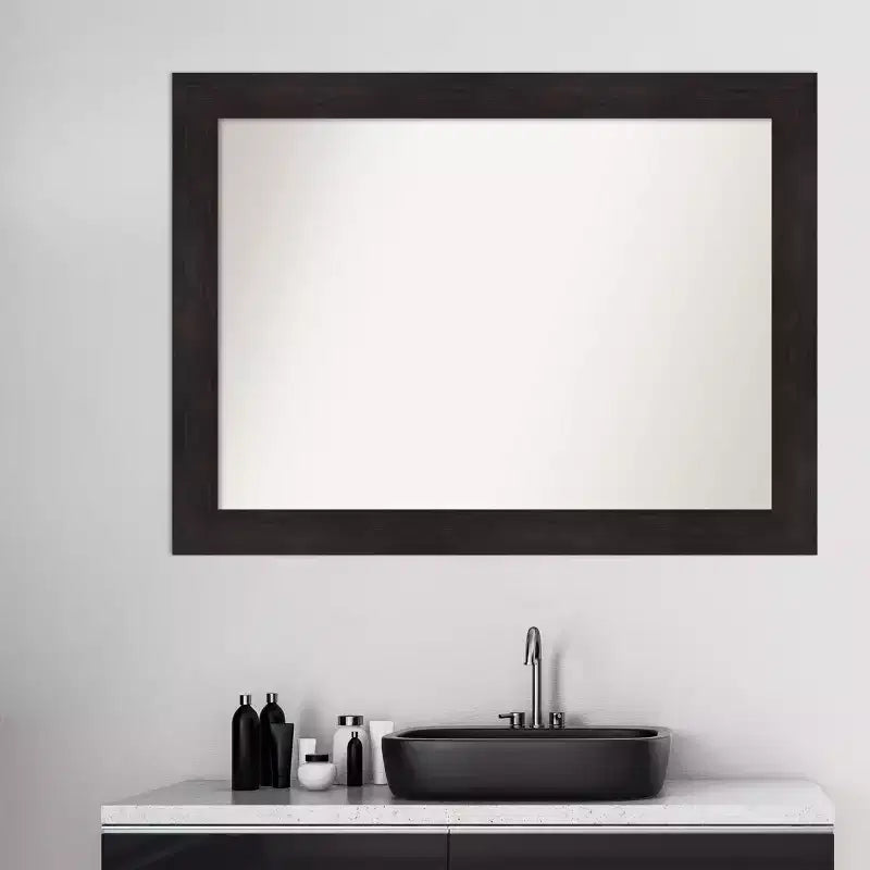 Miroir Mural de Salle de Bain 44" x 33" Non Biseauté Espresso - Amanti Art : Rectangulaire Moderne, Cadre en Polystyrène, Fixation Murale