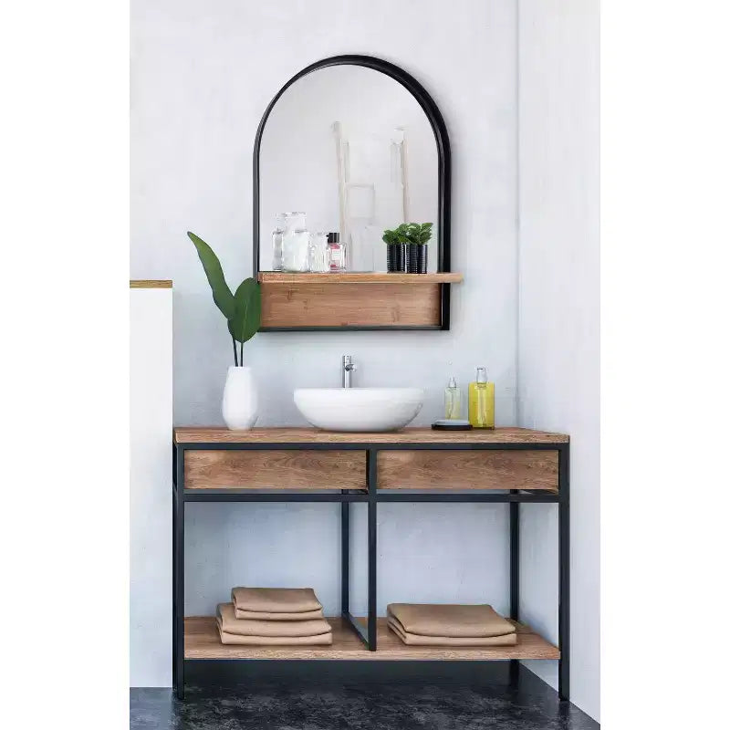 Miroir mural fonctionnel noir de 24 po x 32 po Owings – Kate & Laurel All Things Decor : Dessus cintré de salle de bain avec tablette