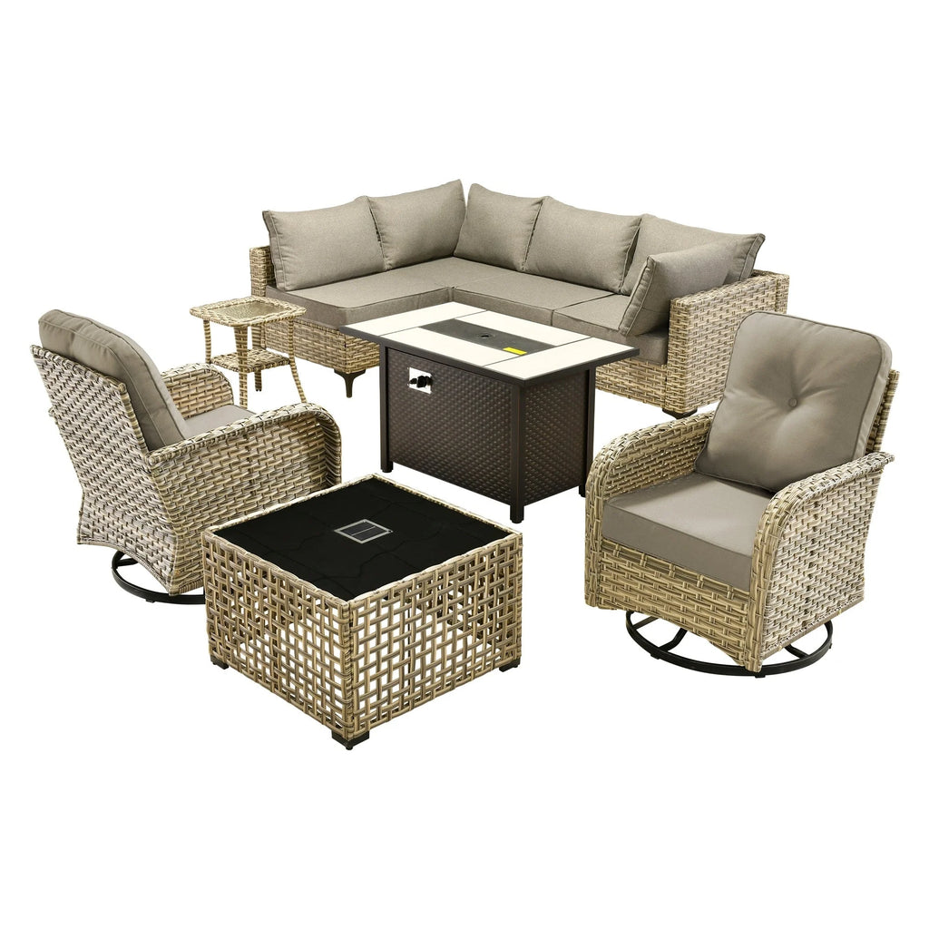 Ensemble de 9 chaises pivotantes en osier OVIOS pour l'extérieur avec table brasero