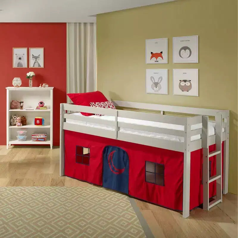 Lit mezzanine jumeau Alaterre Furniture Jasper Junior pour enfants, cadre gris colombe et tente de jeu rouge/bleu