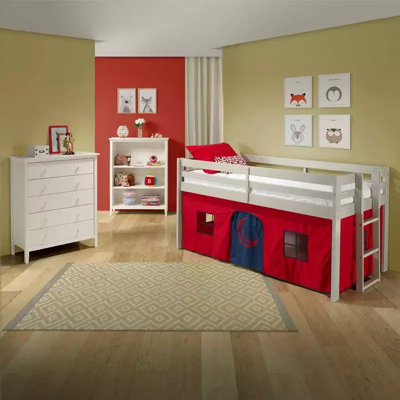 Lit mezzanine jumeau Alaterre Furniture Jasper Junior pour enfants, cadre gris colombe et tente de jeu rouge/bleu