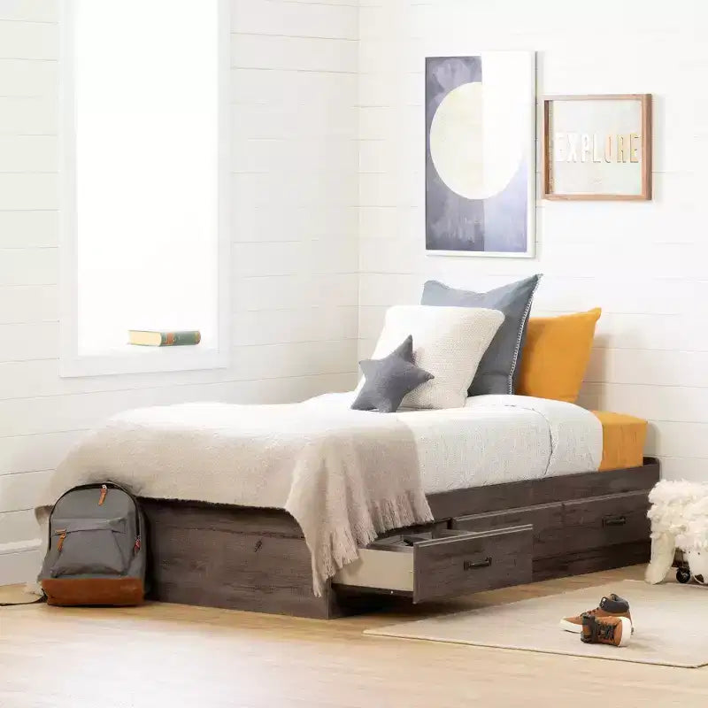 Lit simple pour enfant Ulysses avec 3 tiroirs Chêne d'automne - South Shore : Cadre de lit simple moderne, rangement, non capitonné
