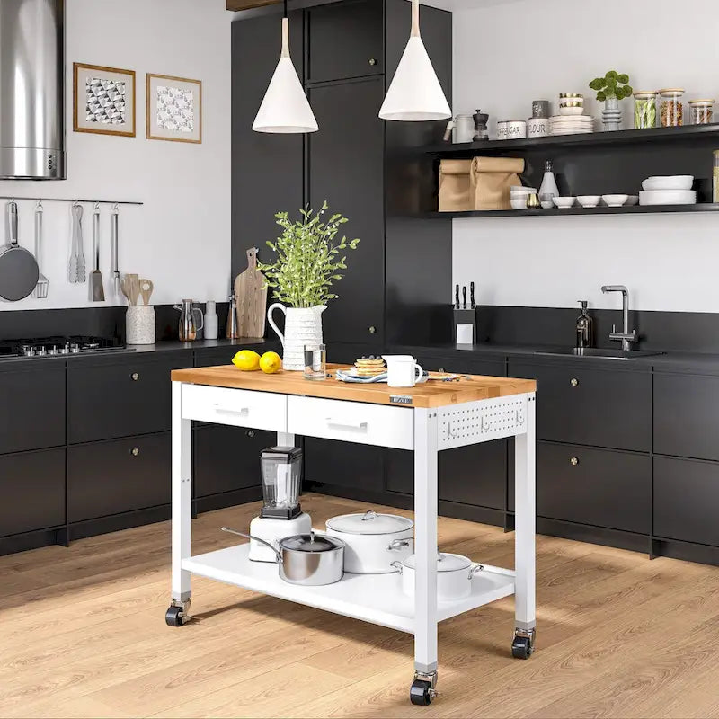 Table îlot Home Work Center avec plateau en bois massif, 48 po L x 24 po P x 36 po H, blanche