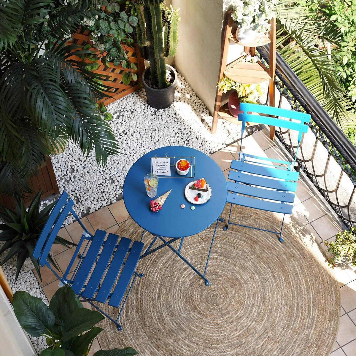 Ensemble bistro pliant 3 pièces en métal, salon de conversation intérieur/extérieur résistant aux intempéries pour patio, cour, jardin