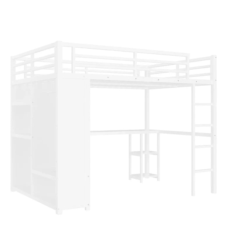Lit mezzanine Queen - Armoire et bureau intégrés, cadre métallique avec étagères