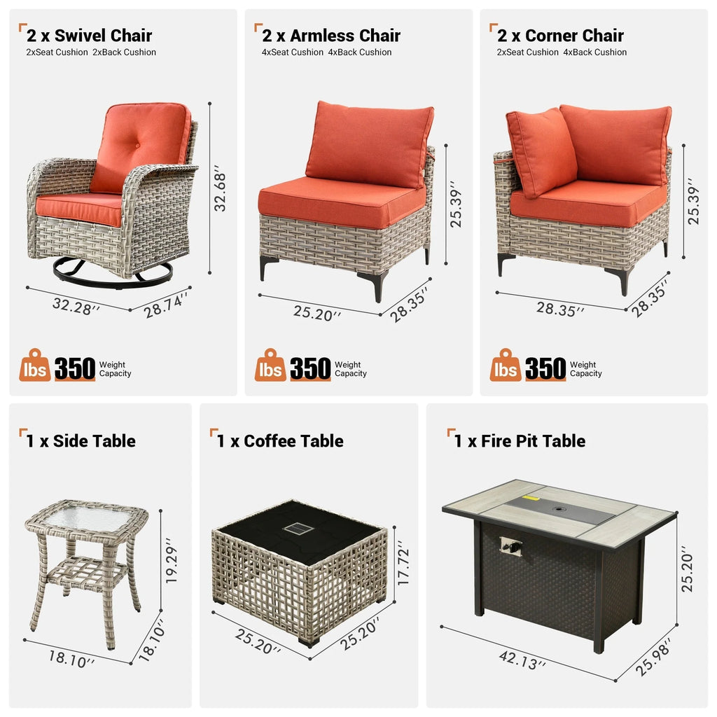 Ensemble de 9 chaises pivotantes en osier OVIOS pour l'extérieur avec table brasero