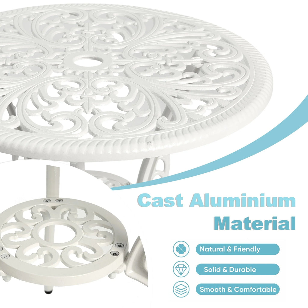 Table et chaises de patio extérieur en aluminium 3 pièces avec trou pour parasol
