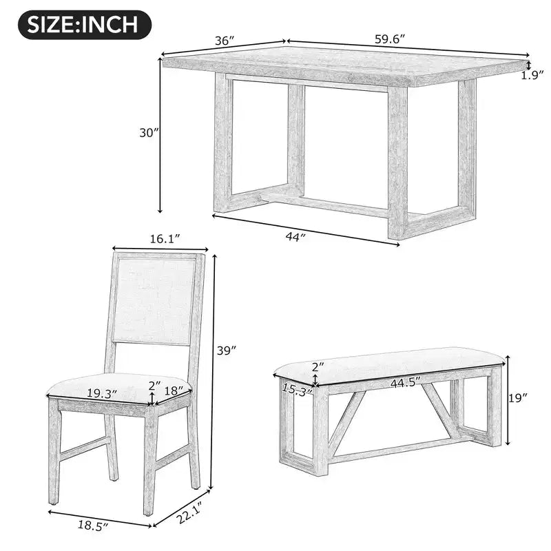 Ensemble de salle à manger rétro 6 pièces Whisen avec 4 chaises rembourrées et 1 banc
