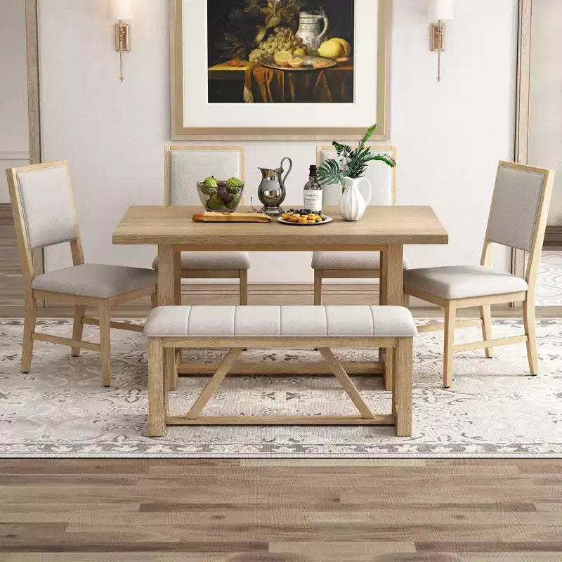 Ensemble de salle à manger rétro 6 pièces Whisen avec 4 chaises rembourrées et 1 banc