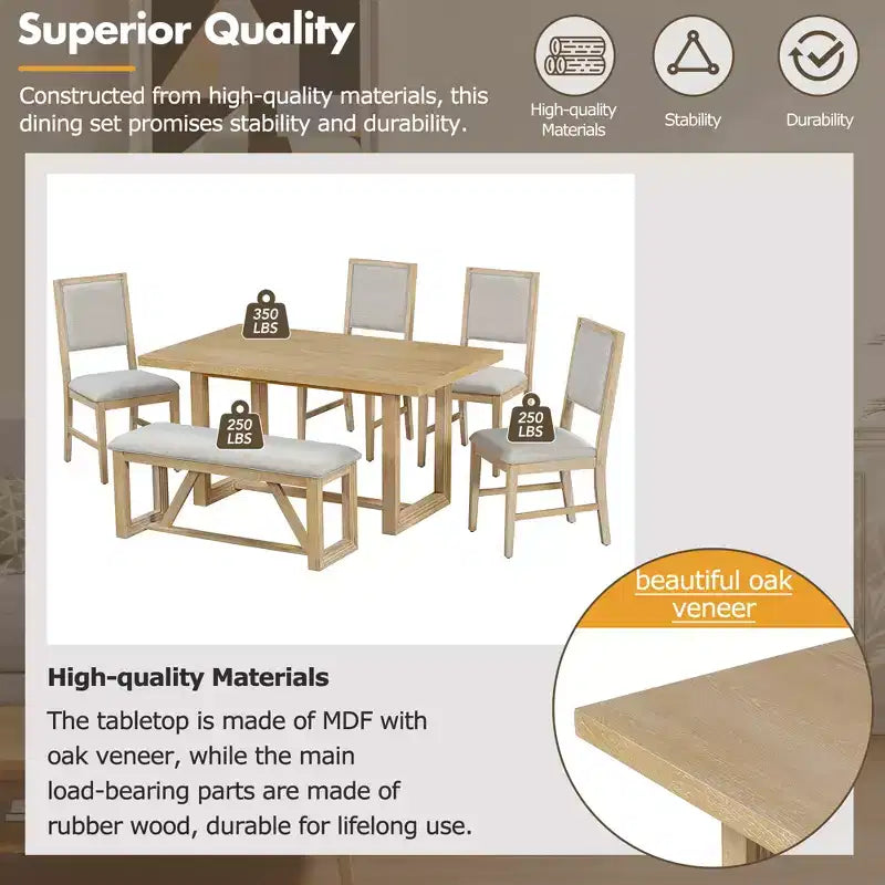 Ensemble de salle à manger rétro 6 pièces Whisen avec 4 chaises rembourrées et 1 banc