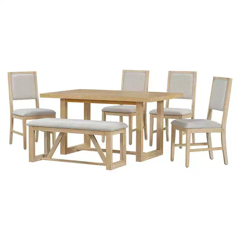 Ensemble de salle à manger rétro 6 pièces Whisen avec 4 chaises rembourrées et 1 banc