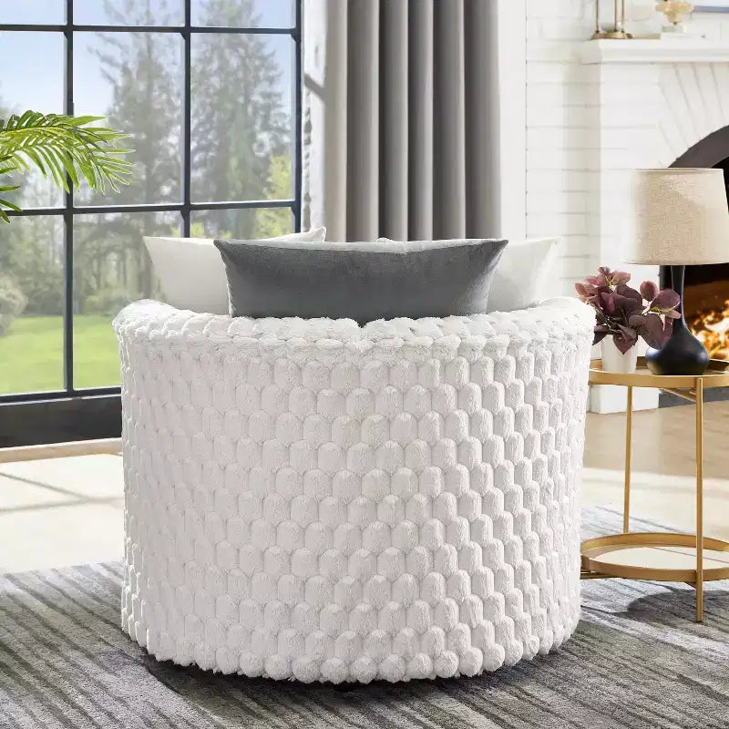 Roundhill Furniture Malna, Fauteuil barillet d'appoint capitonné 3D en peluche avec roulettes, Blanc cassé