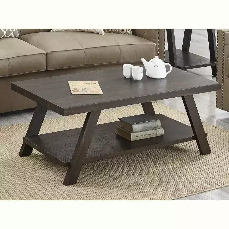 Table basse à étagères en bois contemporaine Roundhill Furniture Athens, finition expresso vieilli