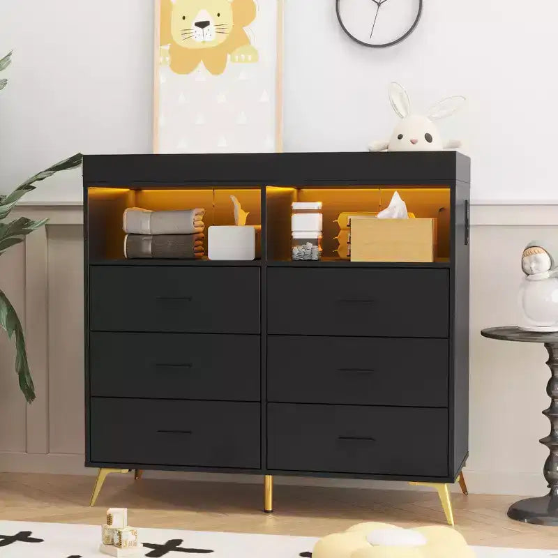 Commode à langer avec tiroirs, commode bébé avec plateau à langer, prise électrique, lumière LED et pieds en métal