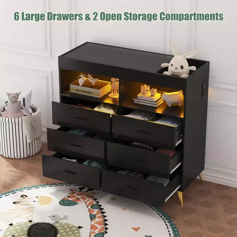 Commode à langer avec tiroirs, commode bébé avec plateau à langer, prise électrique, lumière LED et pieds en métal