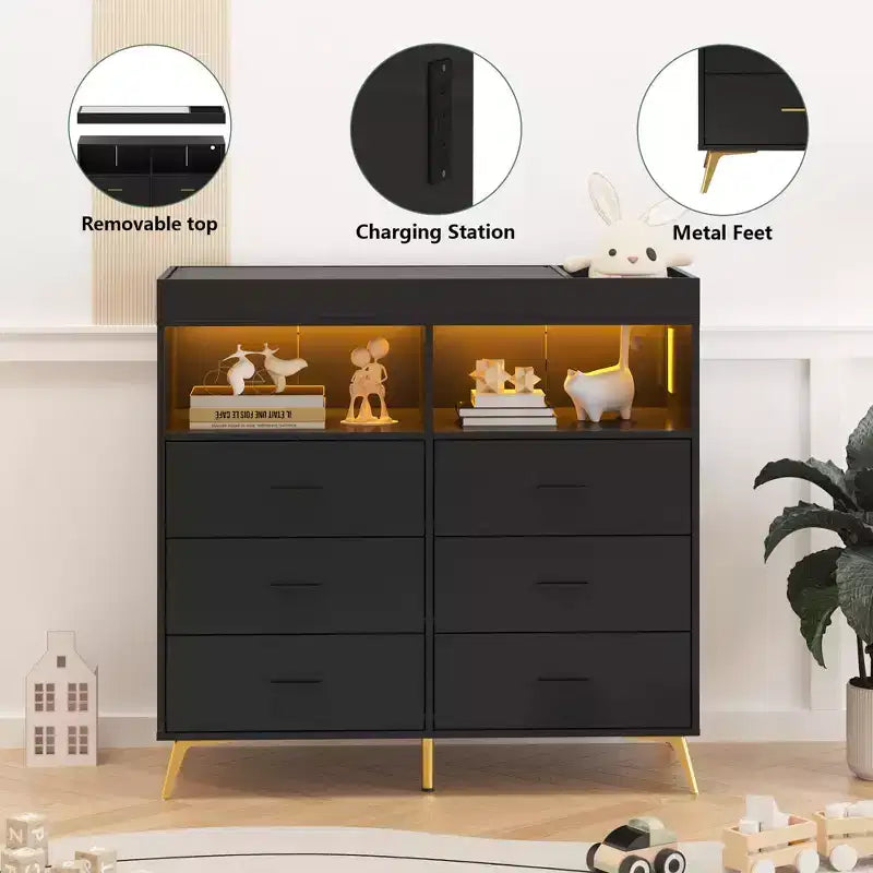 Commode à langer avec tiroirs, commode bébé avec plateau à langer, prise électrique, lumière LED et pieds en métal