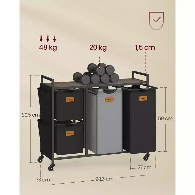VASAGLE Panier à Linge avec 4 Compartiments, 150 L, Tri de Linge sur roulettes avec Étagères, Noir Encre et Gris Tourterelle