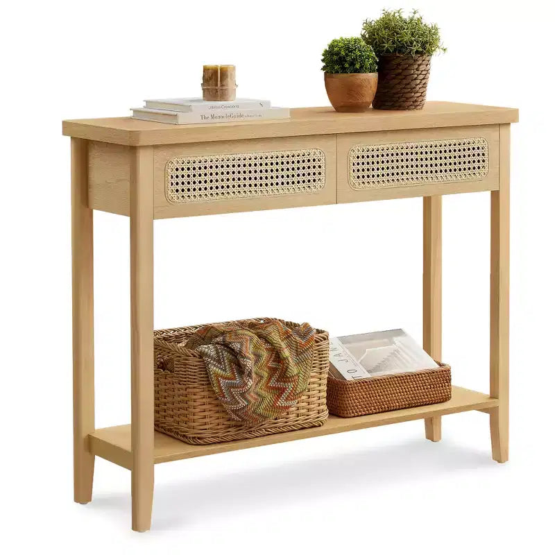 VASAGLE Table console, Table d'appoint, Table d'entrée étroite, Table d'entrée avec 2 tiroirs, Étagère de rangement ouverte, Coins arrondis