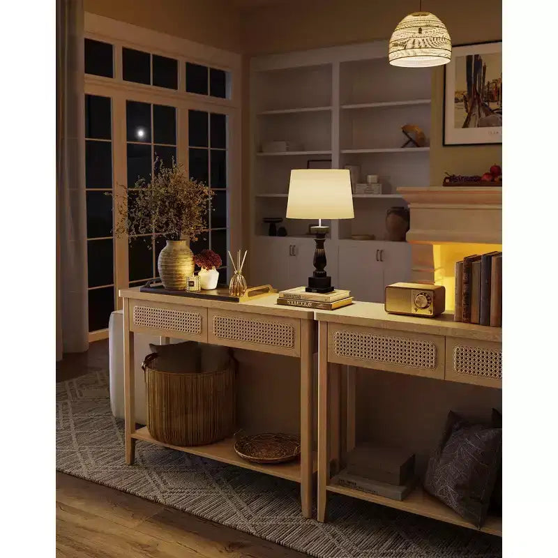 VASAGLE Table console, Table d'appoint, Table d'entrée étroite, Table d'entrée avec 2 tiroirs, Étagère de rangement ouverte, Coins arrondis