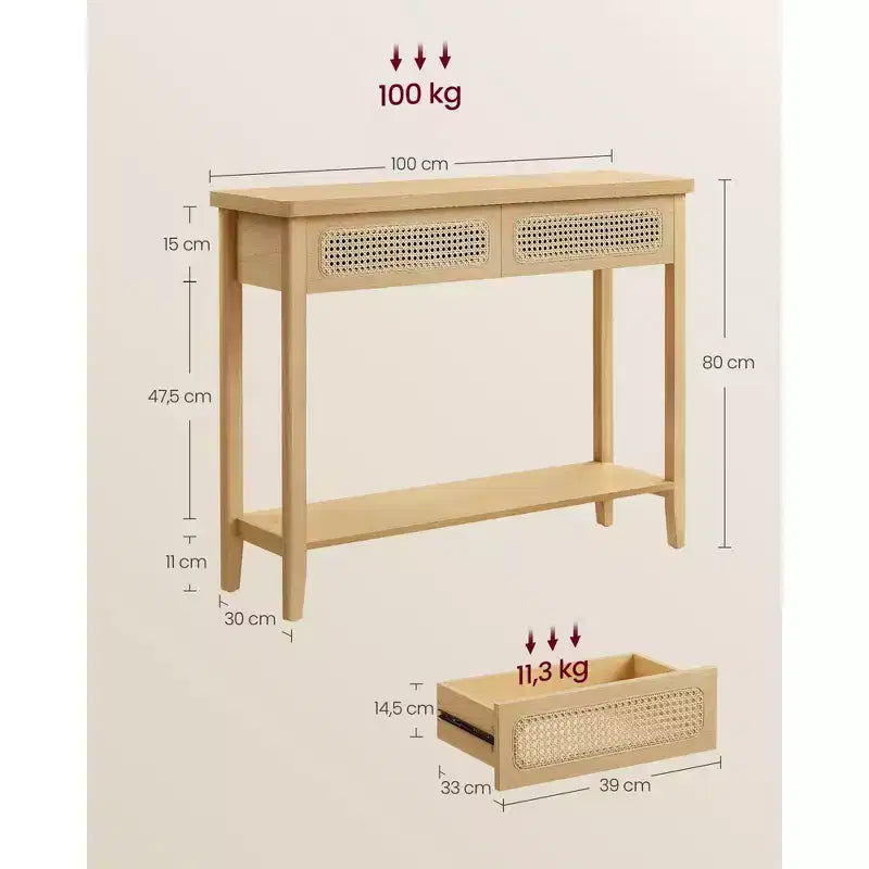 VASAGLE Table console, Table d'appoint, Table d'entrée étroite, Table d'entrée avec 2 tiroirs, Étagère de rangement ouverte, Coins arrondis