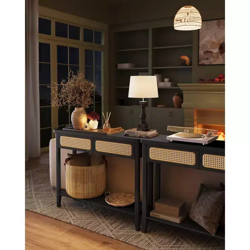 VASAGLE Table console, Table d'appoint, Table d'entrée étroite, Table d'entrée avec 2 tiroirs, Étagère de rangement ouverte, Coins arrondis