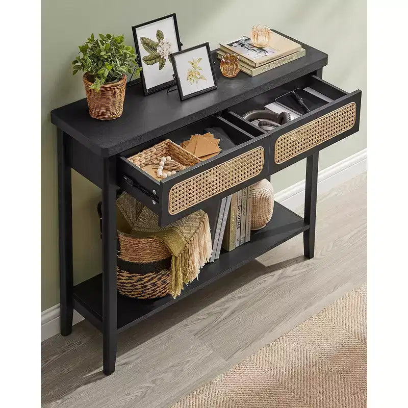 VASAGLE Table console, Table d'appoint, Table d'entrée étroite, Table d'entrée avec 2 tiroirs, Étagère de rangement ouverte, Coins arrondis
