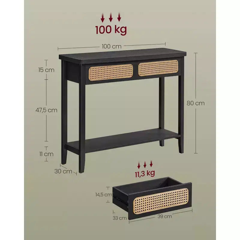 VASAGLE Table console, Table d'appoint, Table d'entrée étroite, Table d'entrée avec 2 tiroirs, Étagère de rangement ouverte, Coins arrondis